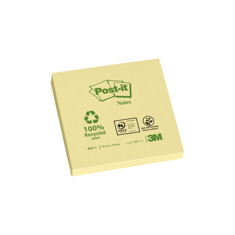 NOTES REPOSITIONNABLES JAUNE RECYCLÉES POST-IT 76 X 76 MM - BLOC DE 100 FEUILLES