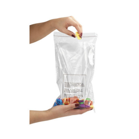 Sachet plastique 75% recyclé liassé transparent avec message sécurité enfants à fermeture adhésive 20x30 cm